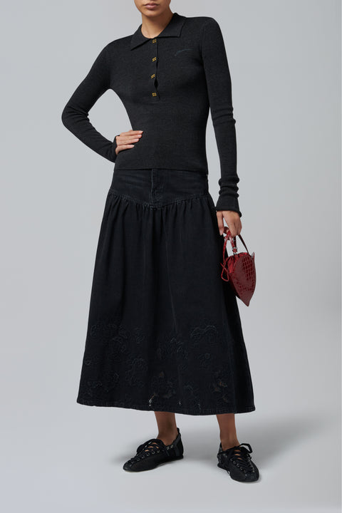 Black Mini Ribbed Merino Polo
