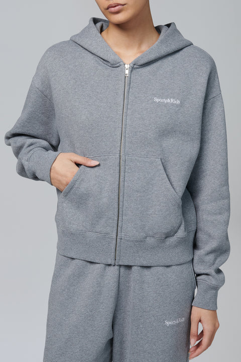 Grey Serif Logo Embroidered Zip Hoodie