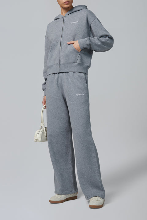 Grey Serif Logo Embroidered Zip Hoodie