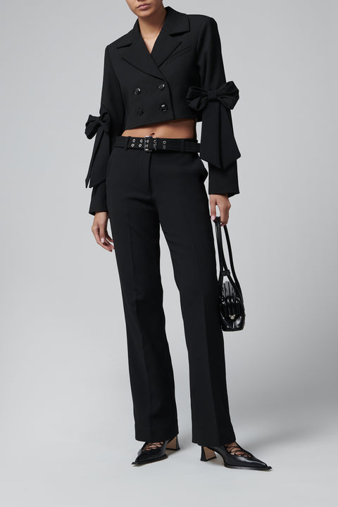 Black Bonded Crepe Belted Pants