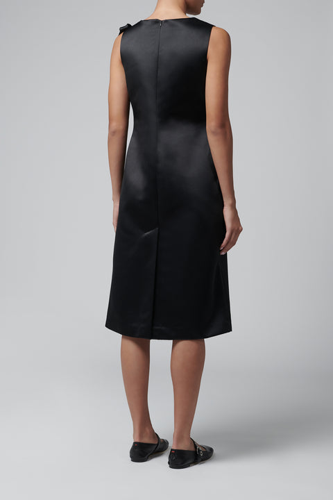 Black Duchesse Satin Straight Midi Dress