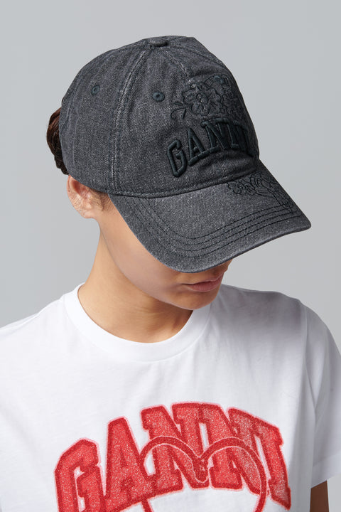 Black Washed Embroidery Denim Cap