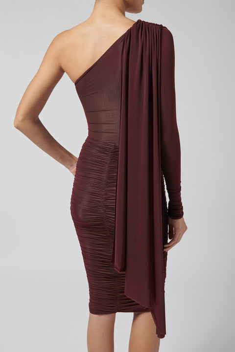 Burgundy Vionett Draped One-Shoulder Bodysuit