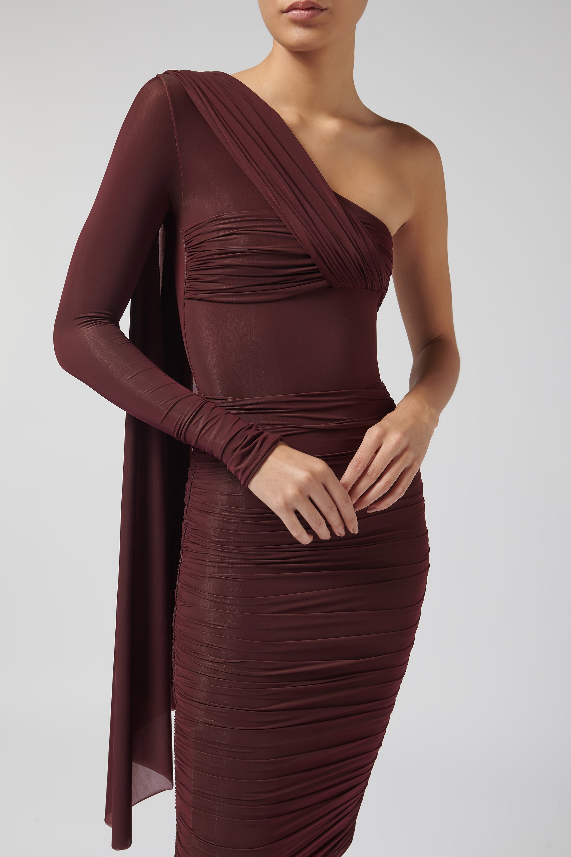 Maygel Coronel Burgundy Vionett Draped One-Shoulder Bodysuit
