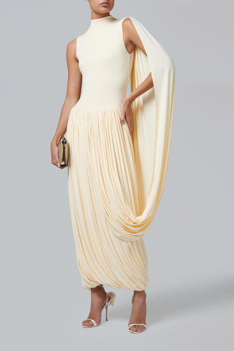 Beige Mock Neck Drape Dress