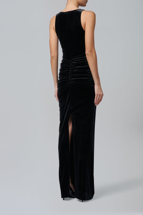Black Ruched Velour Maxi Dress
