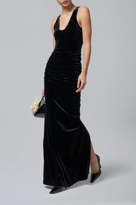Black Ruched Velour Maxi Dress