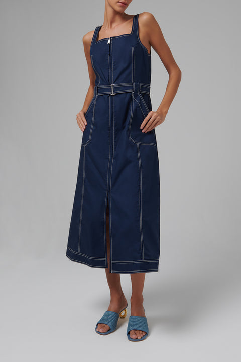 Blue Belted Denim Midi Dress