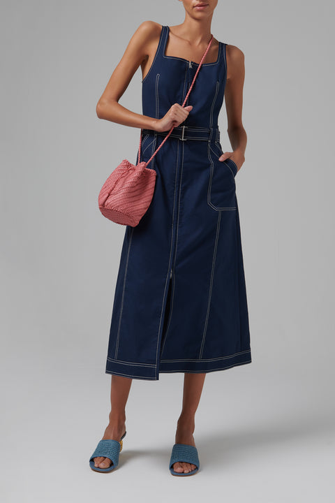 Blue Belted Denim Midi Dress