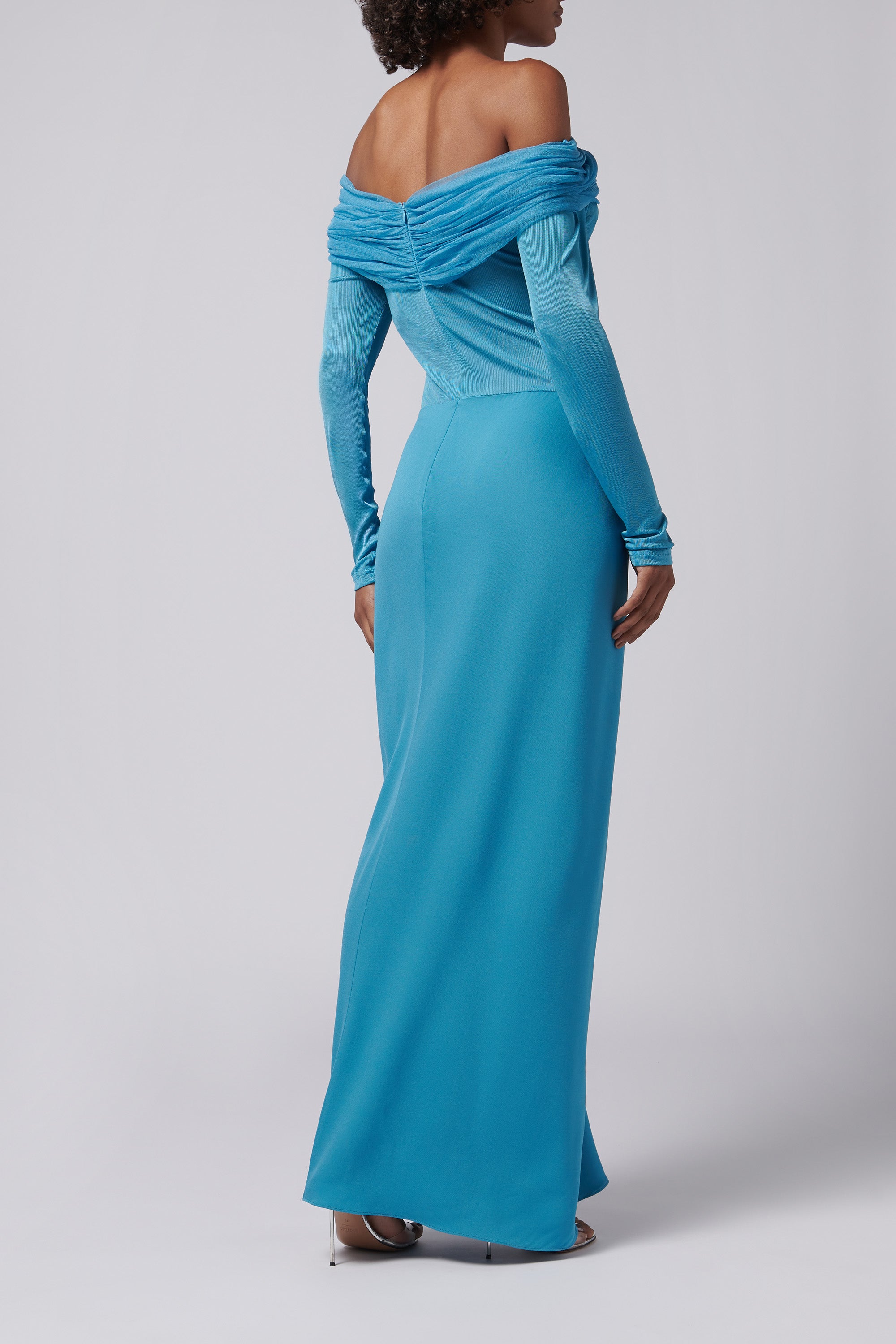christopher esber off the shoulder dresses Christopher Esber Blue Sonora Veiled Ruched Dress