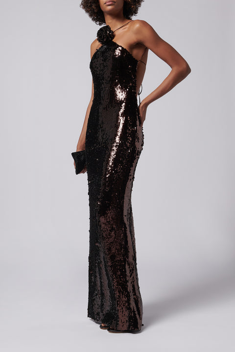 Brown Sequin Open Back Gown