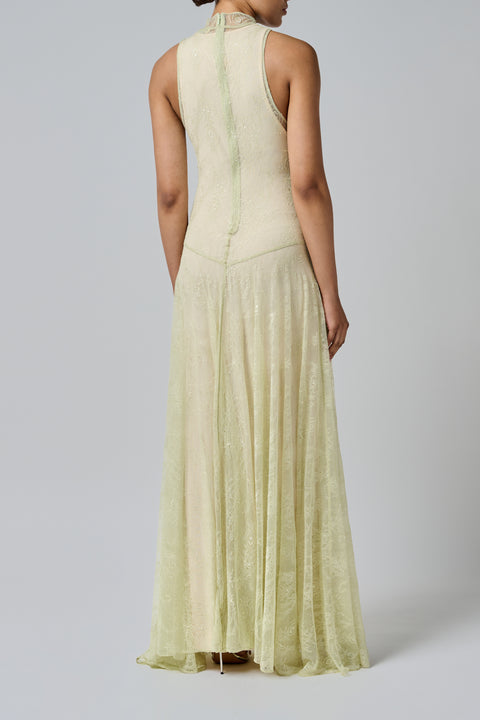 Green High Neck Lace Maxi Dress