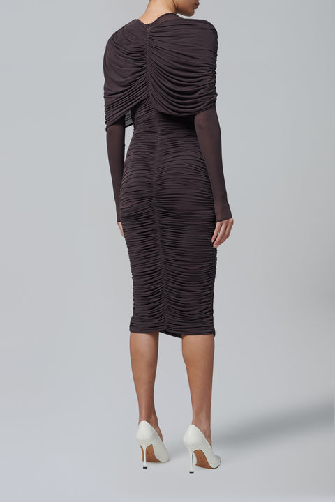 Dark Burgundy Draped Cape-Effect Midi Dress