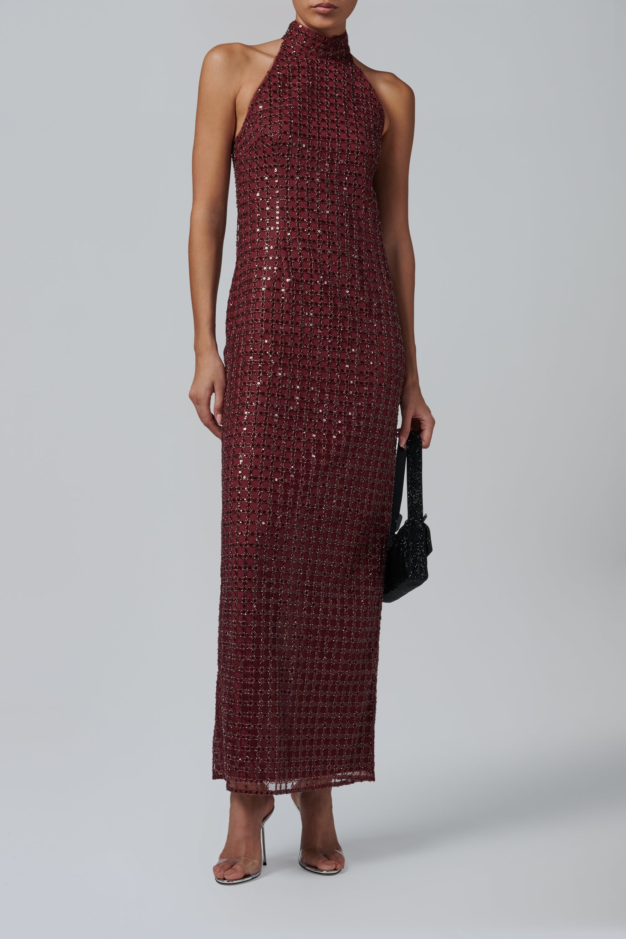 ROTATE Birger Christensen Burgundy Beaded Maxi Dress
