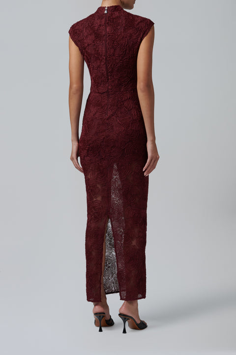 Burgundy Flower Mesh Maxi Dress