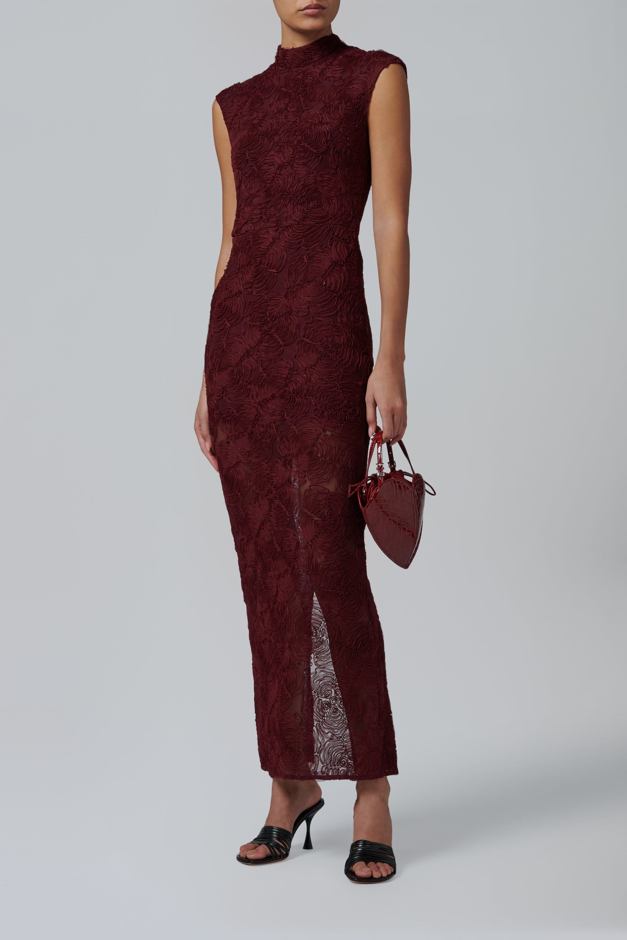 ROTATE Birger Christensen Burgundy Flower Mesh Maxi Dress