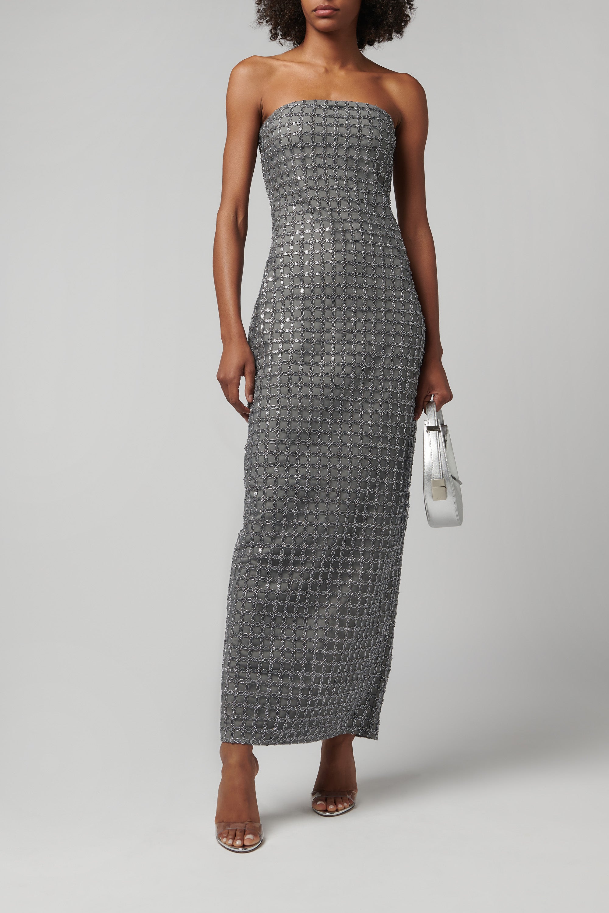 chinese dress ladies ROTATE Birger Christensen Grey Beaded Maxi Tube Dress