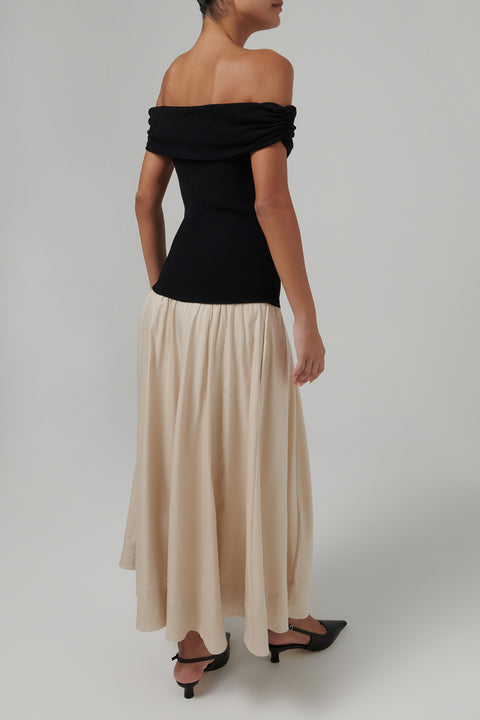 Black and Beige Adaline Off Shoulder Midi Dress
