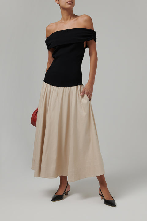 Black and Beige Adaline Off Shoulder Midi Dress