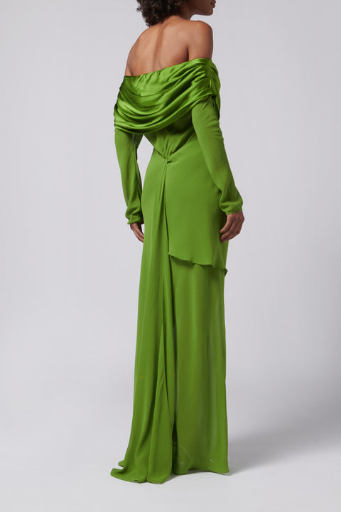 Green Silk Draped Shawl Dress