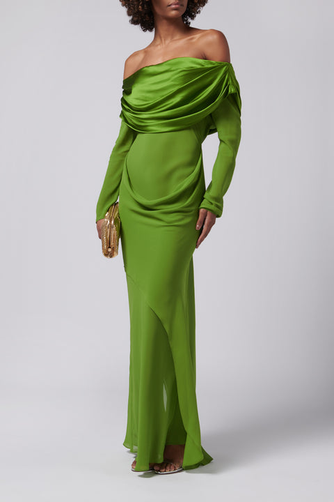 Green Silk Draped Shawl Dress