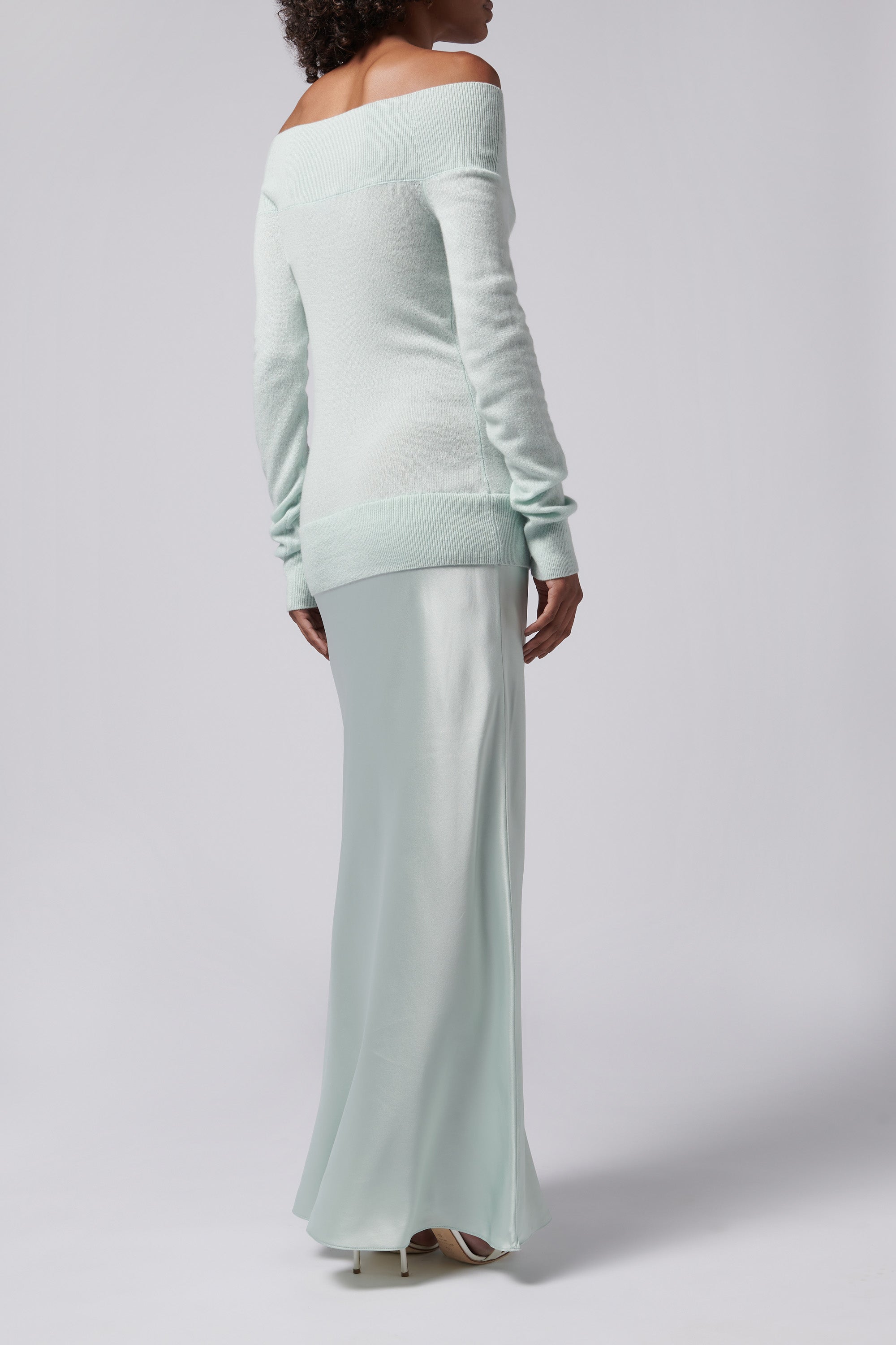slim fit dress slacks Christopher Esber Green Shoulderless Cashmere Monument Dress