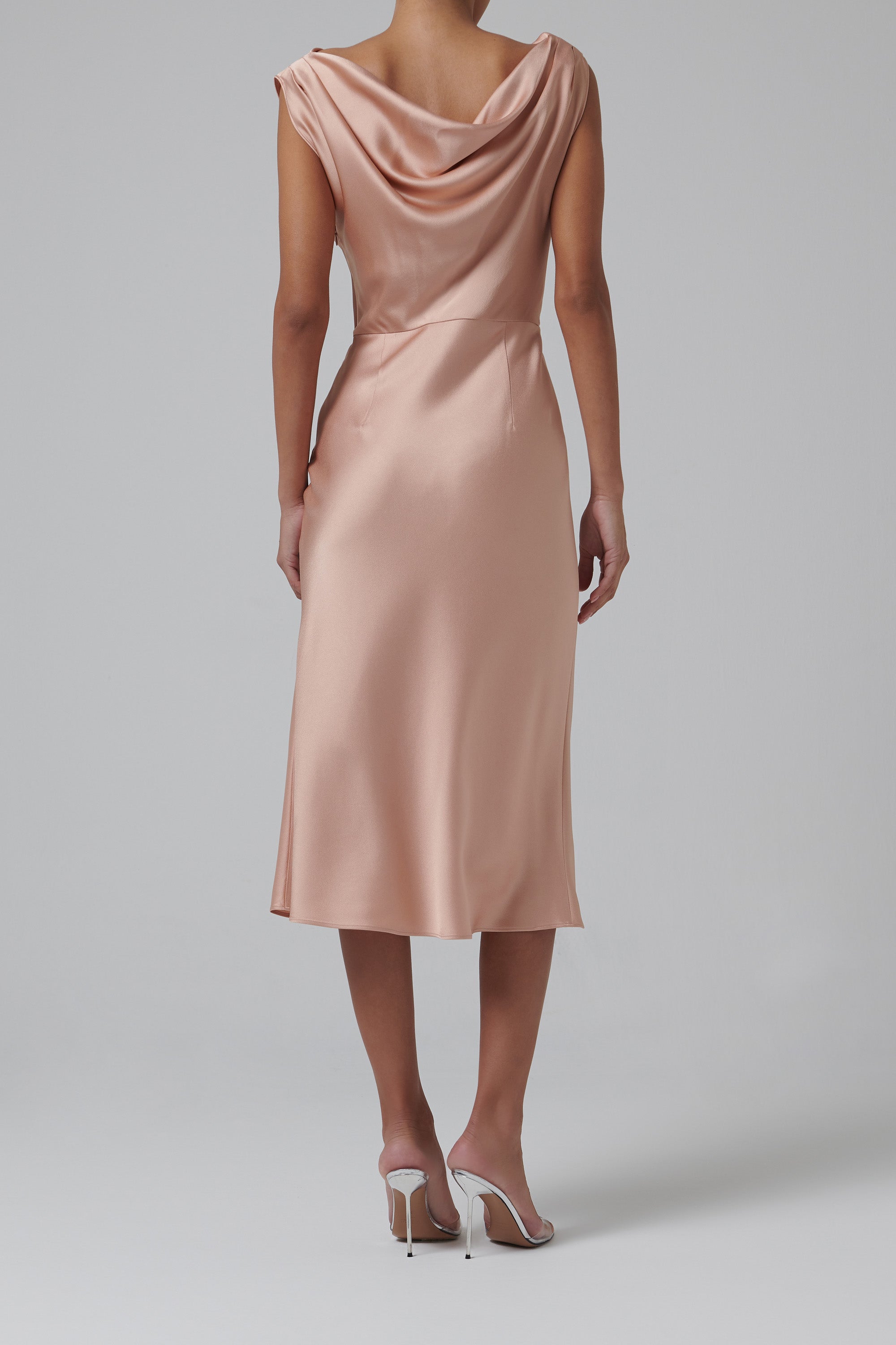 rose satin midi dress S Dusty Rose Satin Strapless Midi Dress for Wedding Guest