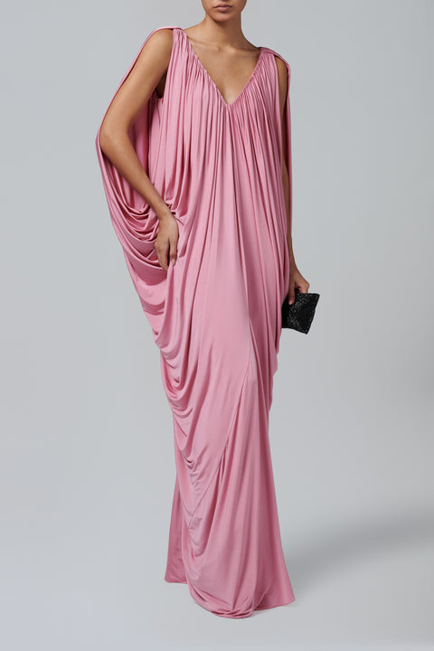 Pink V-Neck Jersey Drape Dress