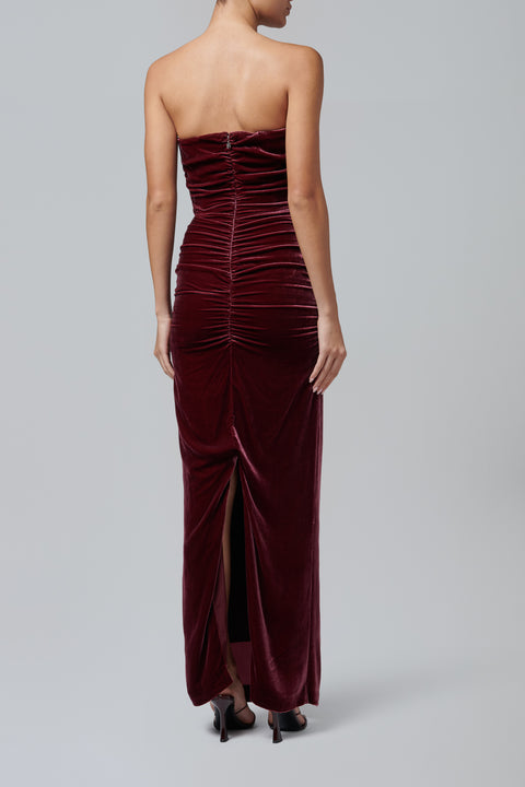 Burgundy Silk Velvet Ruched Dress