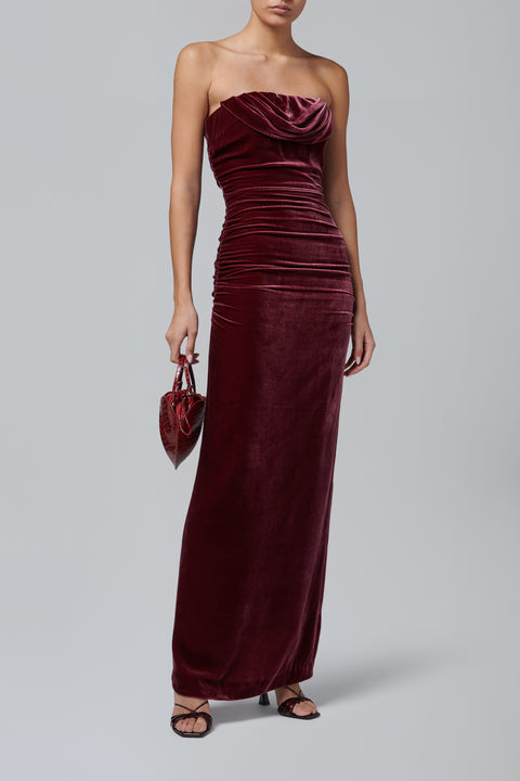 Burgundy Silk Velvet Ruched Dress