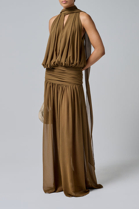 Brown Sheer Gathered Waist Maxi Dress