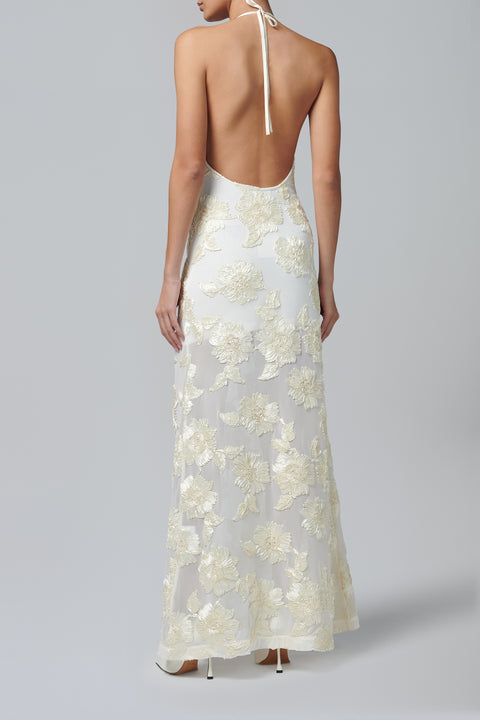 White Embellished Low Back Maxi Dress
