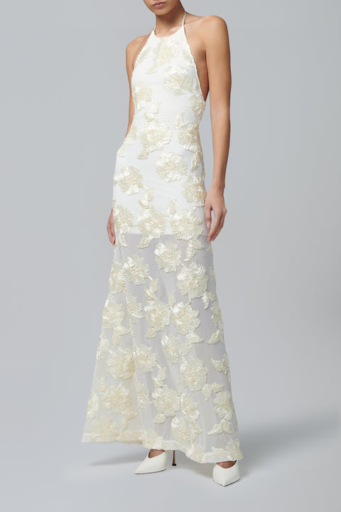 White Embellished Low Back Maxi Dress