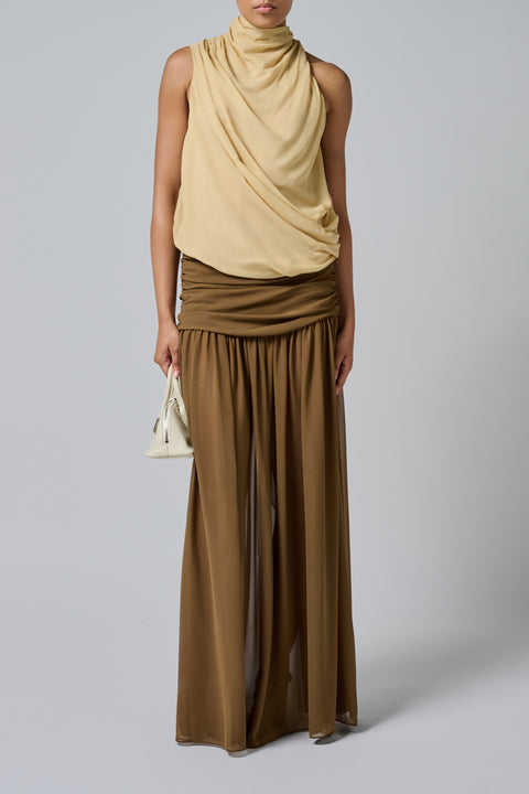 Brown Sheer Gathered Waistband Maxi Skirt