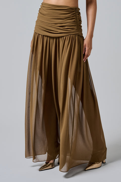Brown Sheer Gathered Waistband Maxi Skirt