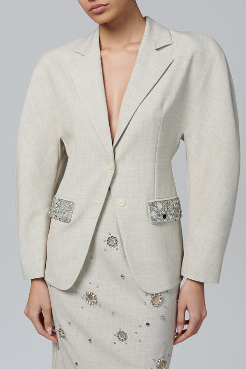 Beige Embellished Fitted Blazer