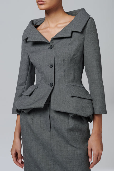 Grey Cinched Waist Wool Blazer