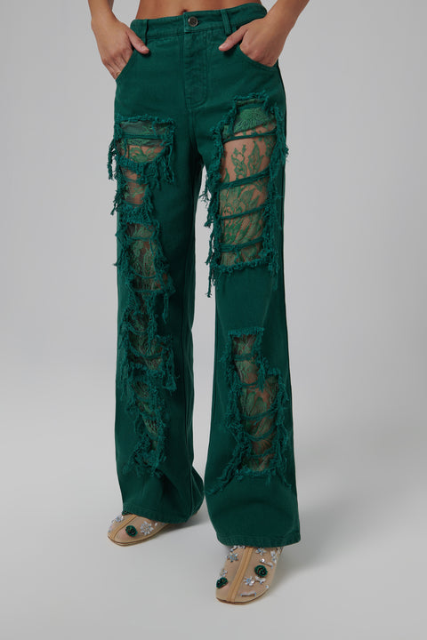 Green Arboreal Distressed Lace Jeans