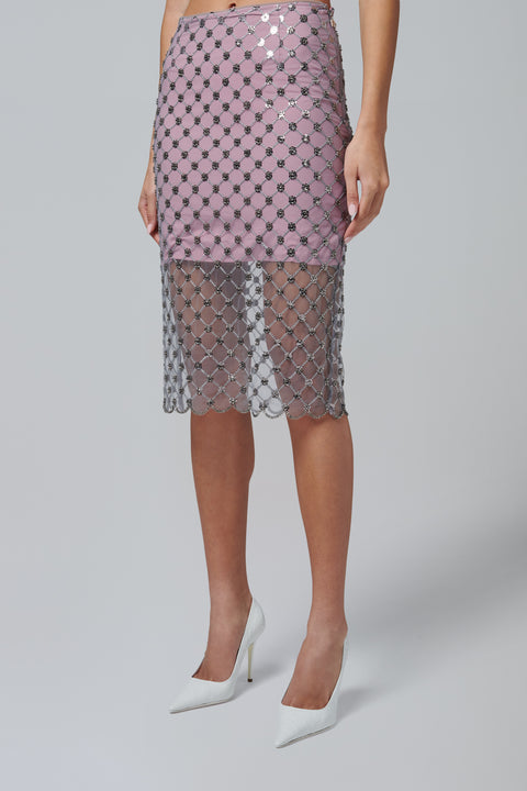Pink Flower Sequins Midi Skirt
