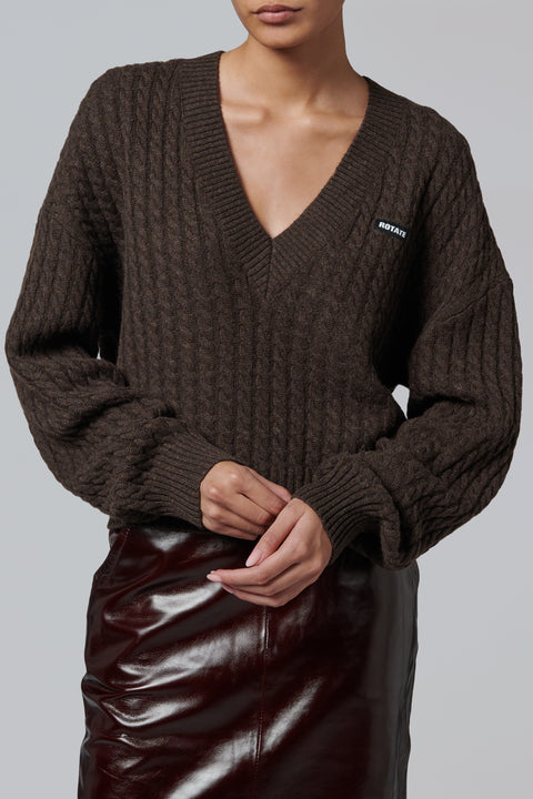 Brown Cable V-Neck Sweater
