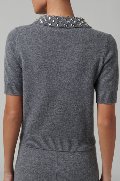 Grey Crystal Embellished Knit Polo