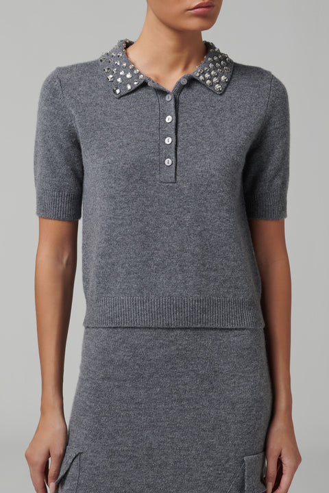 Grey Crystal Embellished Knit Polo