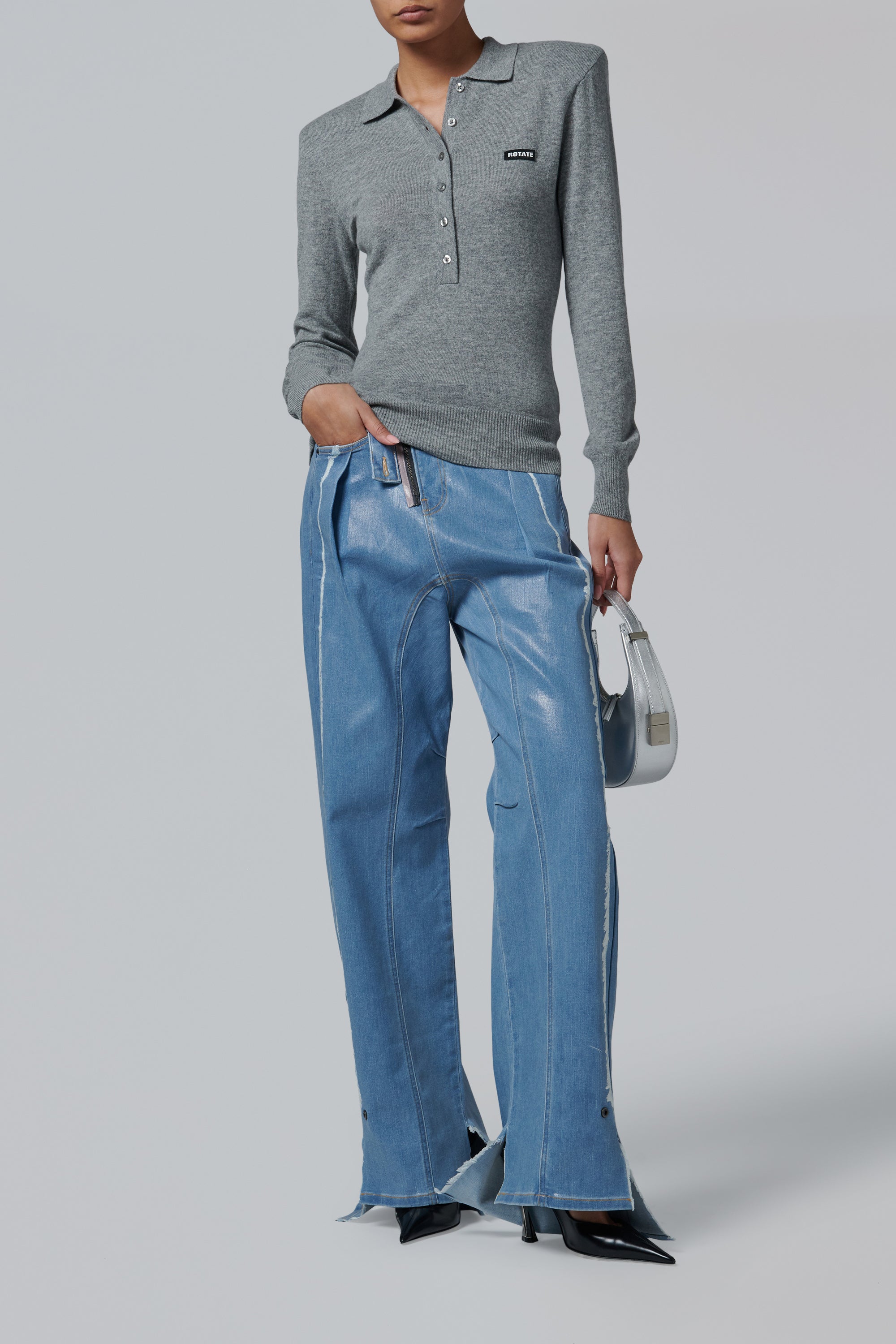 ROTATE Birger Christensen Grey Wool Longleeve Polo