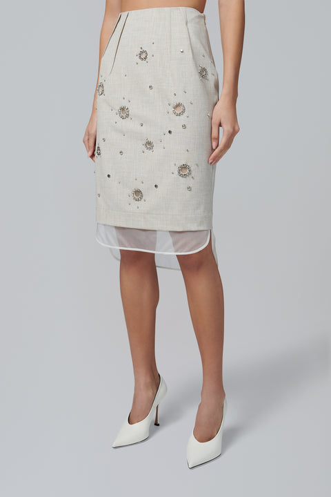 Beige Layered Embellished Pencil Skirt
