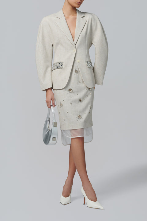 Beige Layered Embellished Pencil Skirt
