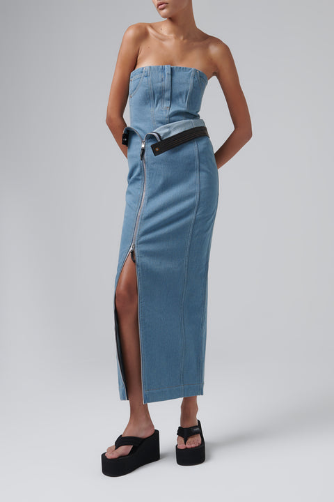 Blue Folded Waist Denim Midi Skirt