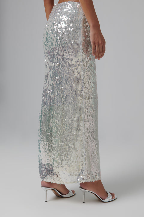 White Opalin Sequin Maxi Skirt