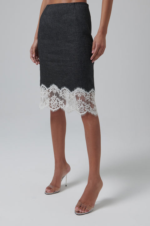 Grey Lace Hemline Midi Skirt