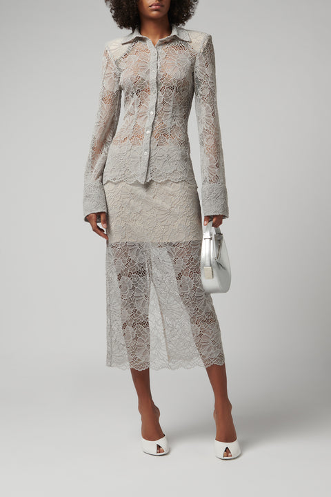 Grey Flower Mesh Pencil Skirt