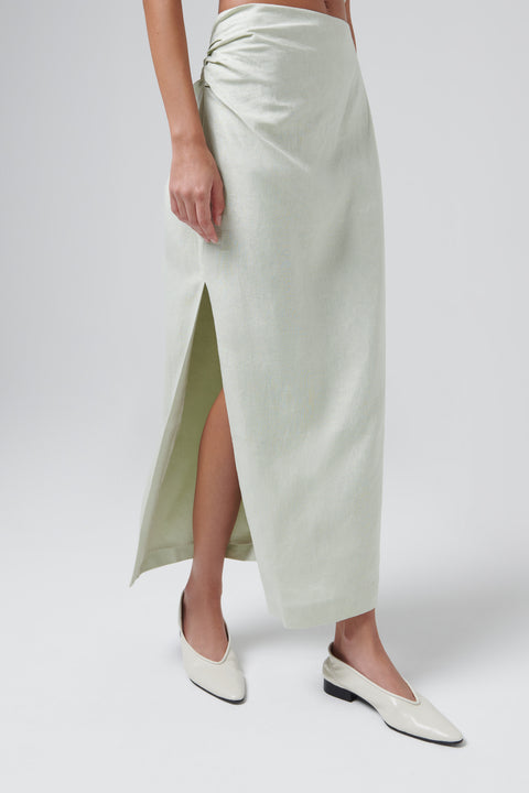 Green Iris Asymmetric Linen Midi Skirt